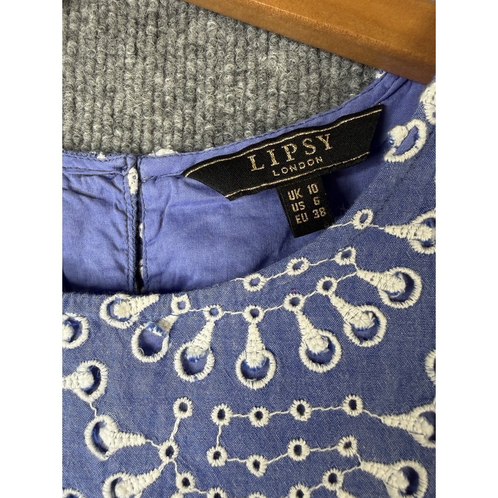 Lipsy London Blue Eyelet Lace Dress Women's Size 6 Flutter Sleeve Cotton - Picture 3 of 12